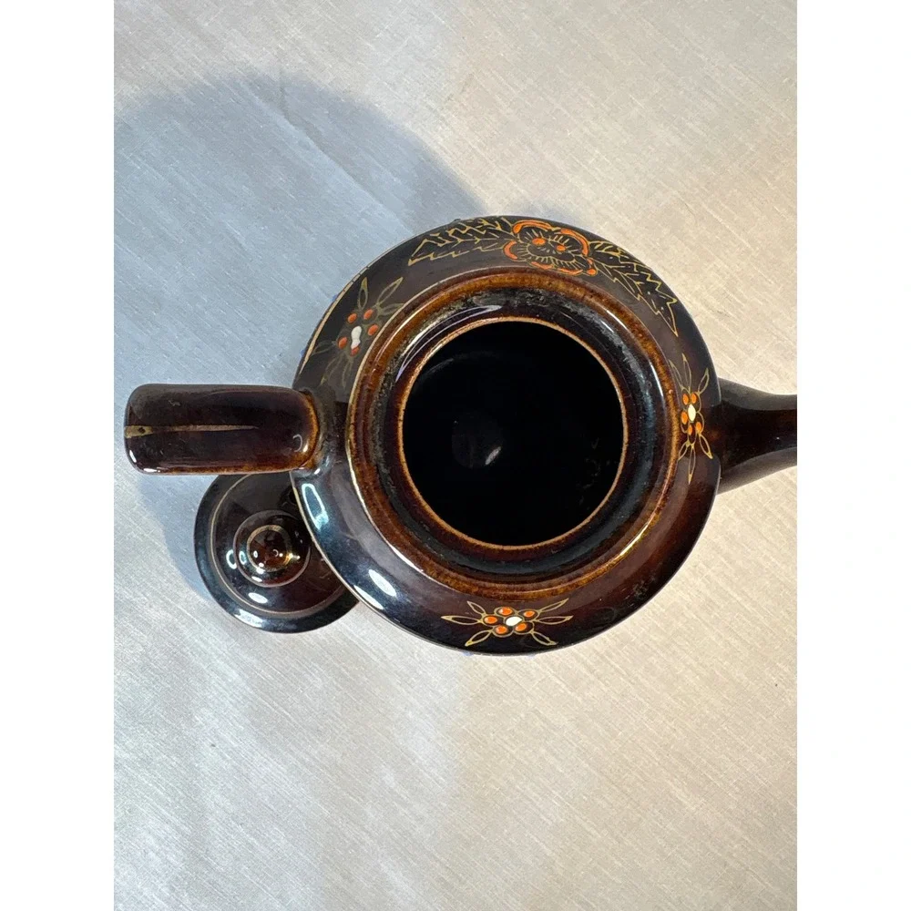 Vintage Brown Ceramic Teapot with Floral Design Mini Small Charming Accent Piece